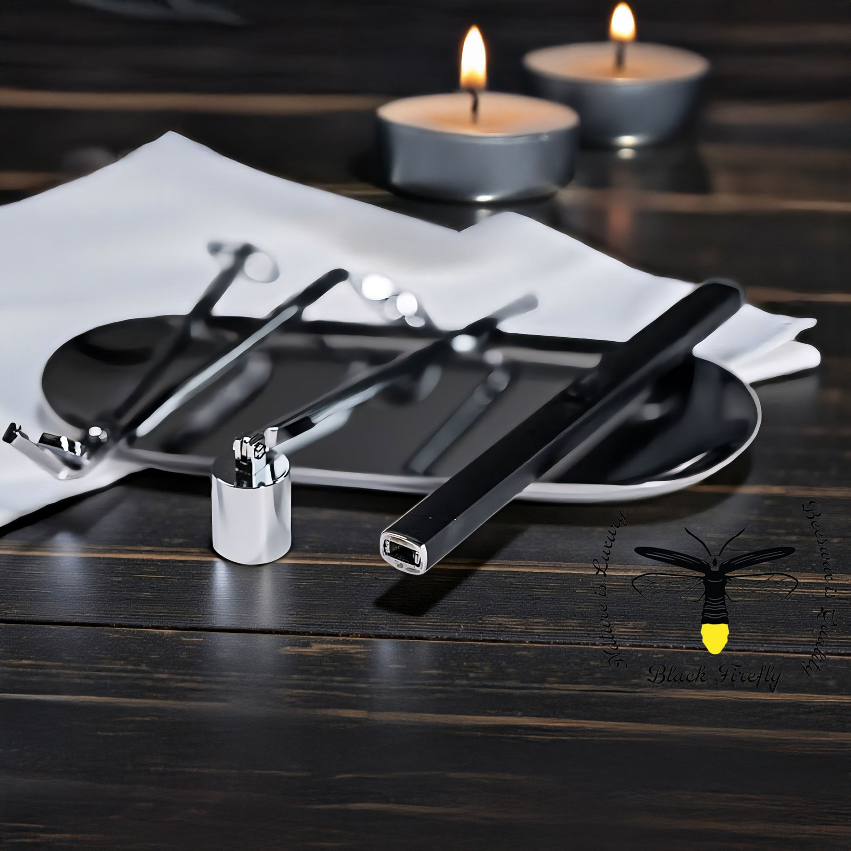 Black lighter and silver lighter and snuffer accessories on a dark wooden table with candles in the background