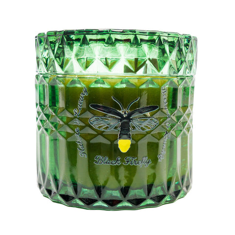 Hills of Daintree Rainforest - Eucalyptus Green glass candle jar with a bee design on a white background