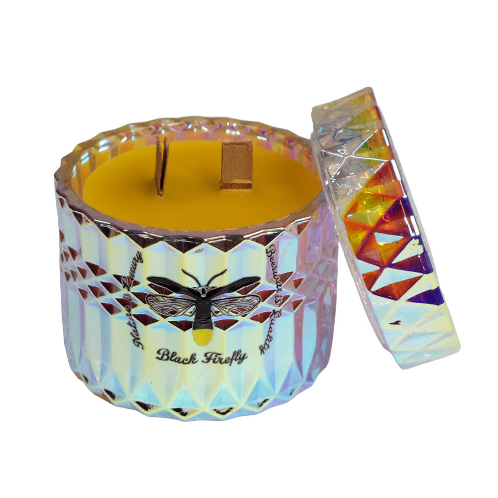 Palos Santos & Clary Sage Candle with geometric lid featuring a bee design on a white background